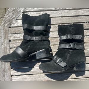 Modern Vintage Black Suede Buckle Boots